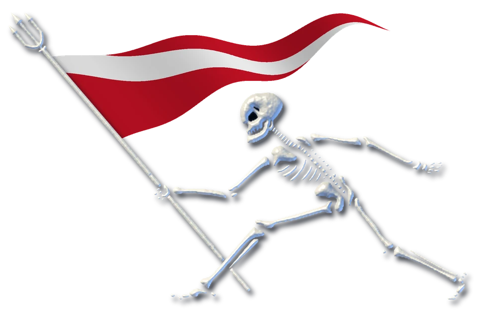 Skeleton Key Diving logo: a skeleton carrying a trident-topped flagpole with a diver-down pennant waving in the wind