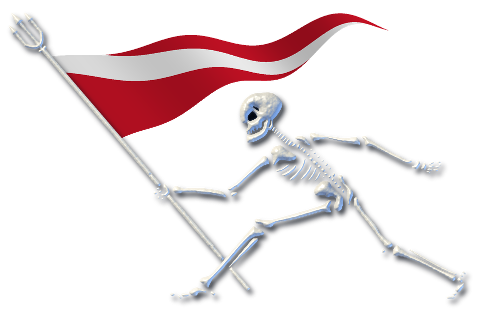 Skeleton Key Diving logo: a skeleton carrying a trident-topped flagpole with a diver-down pennant